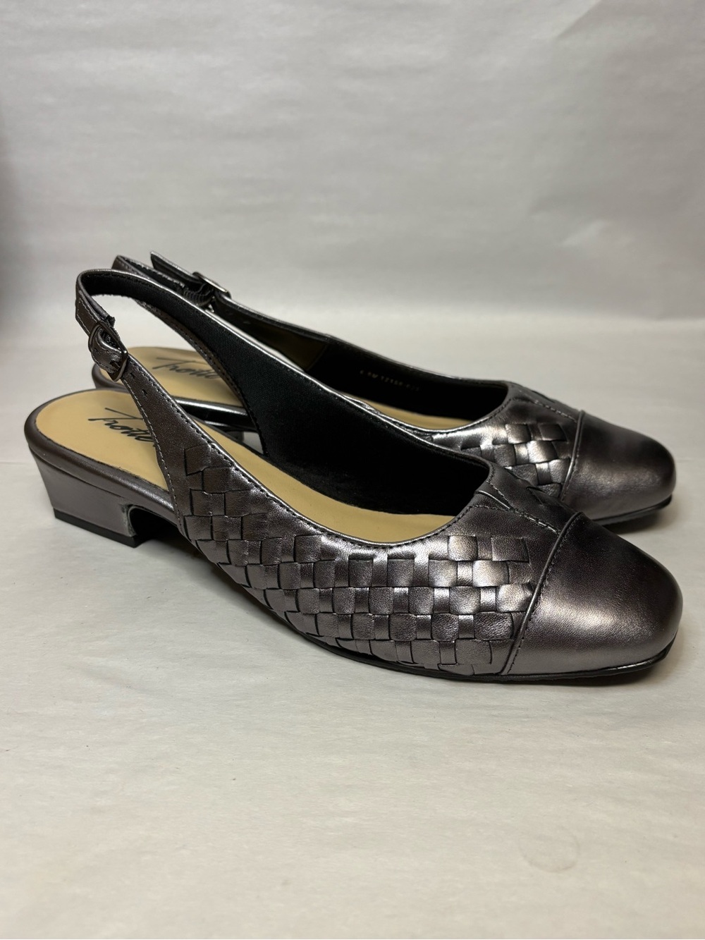Trotters Dea Womens Pump Sz 6.5 M Metallic Pewter Woven Leather Slingback #6077